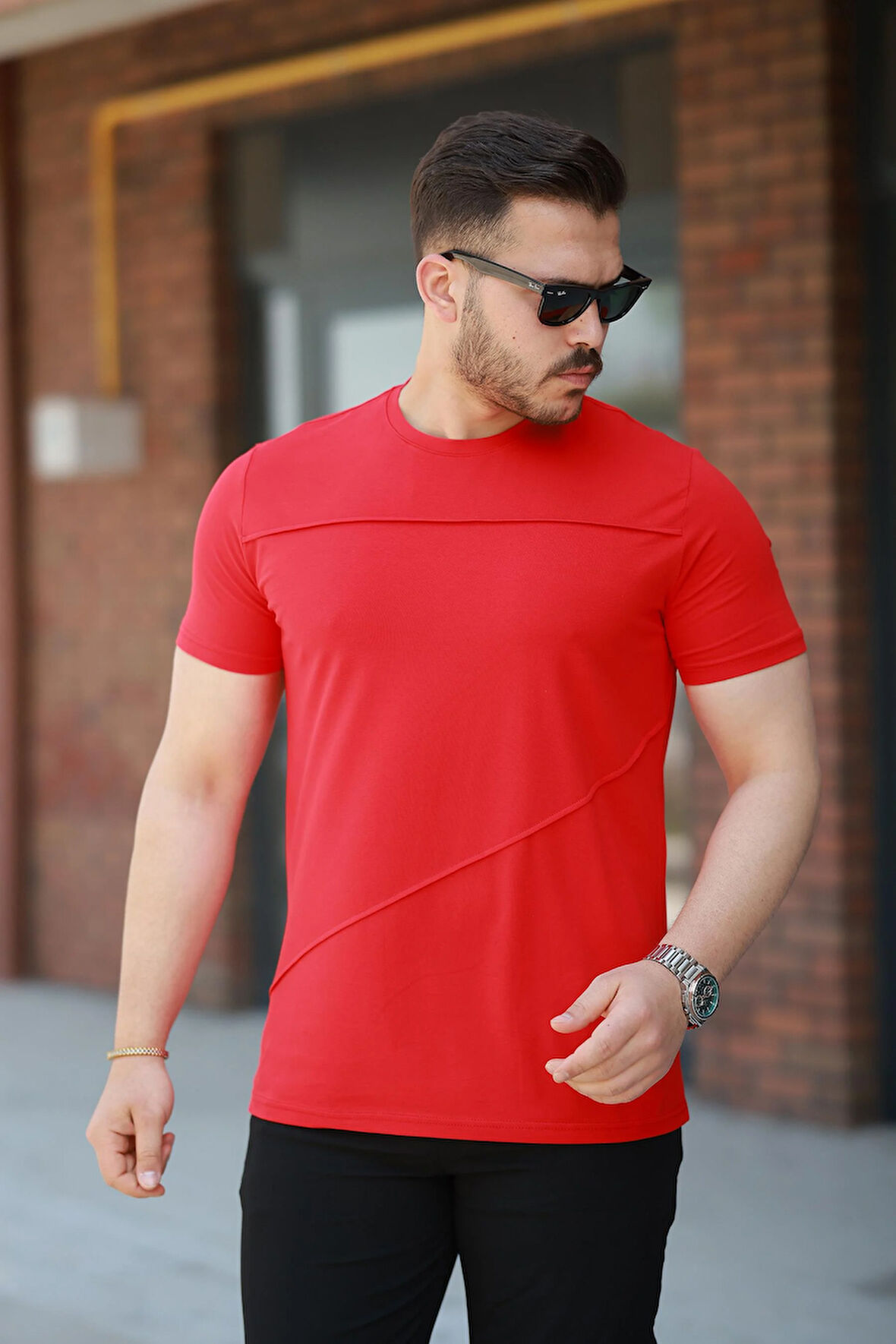 Miron Kırmızı Parçalı Dikiş Detaylı Regular Fit Kısa Kollu Tişört -2523