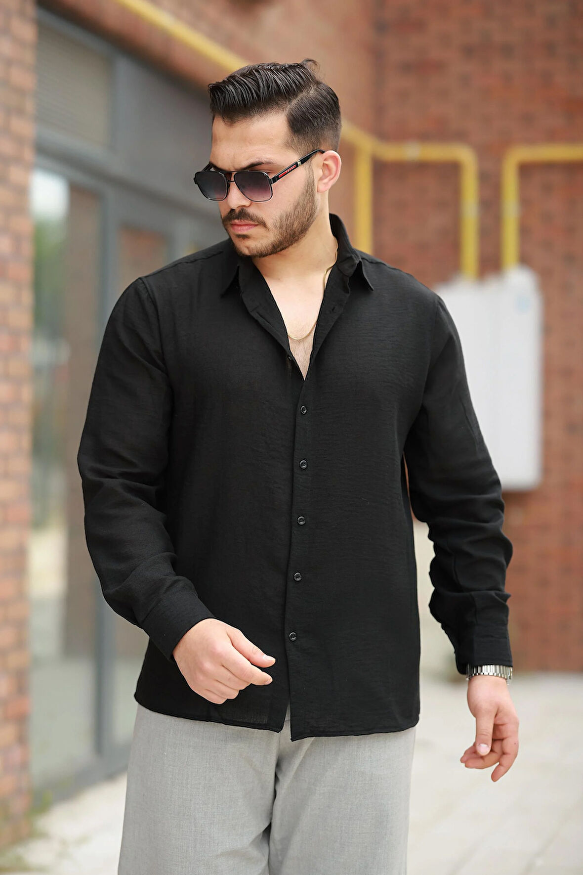 Miron Siyah Düz Uzun Kollu Regular Fit Gömlek- 2526