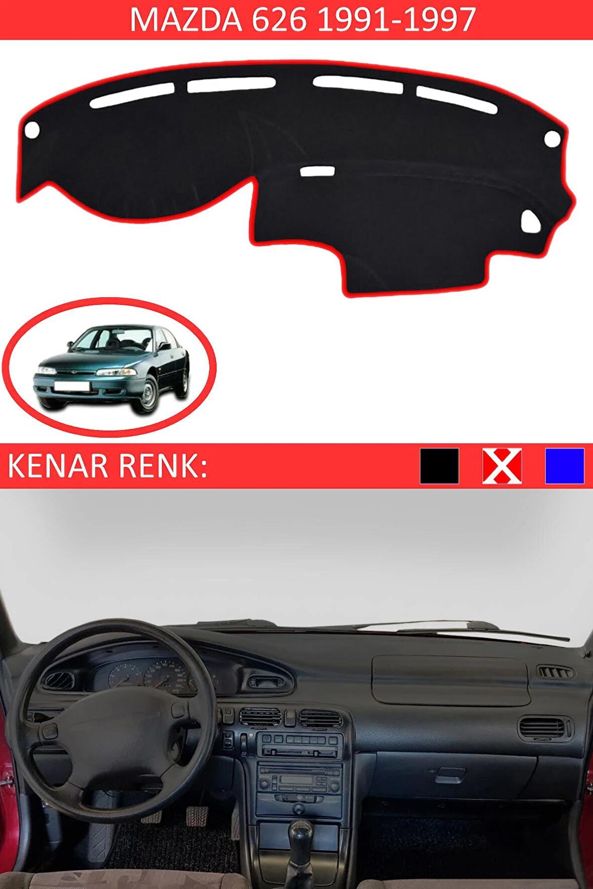 Mercedes S Class W 123 1976-1984 İçin Uygun Torpido Koruma Halısı Siyah Kenar Renk Kırmızı