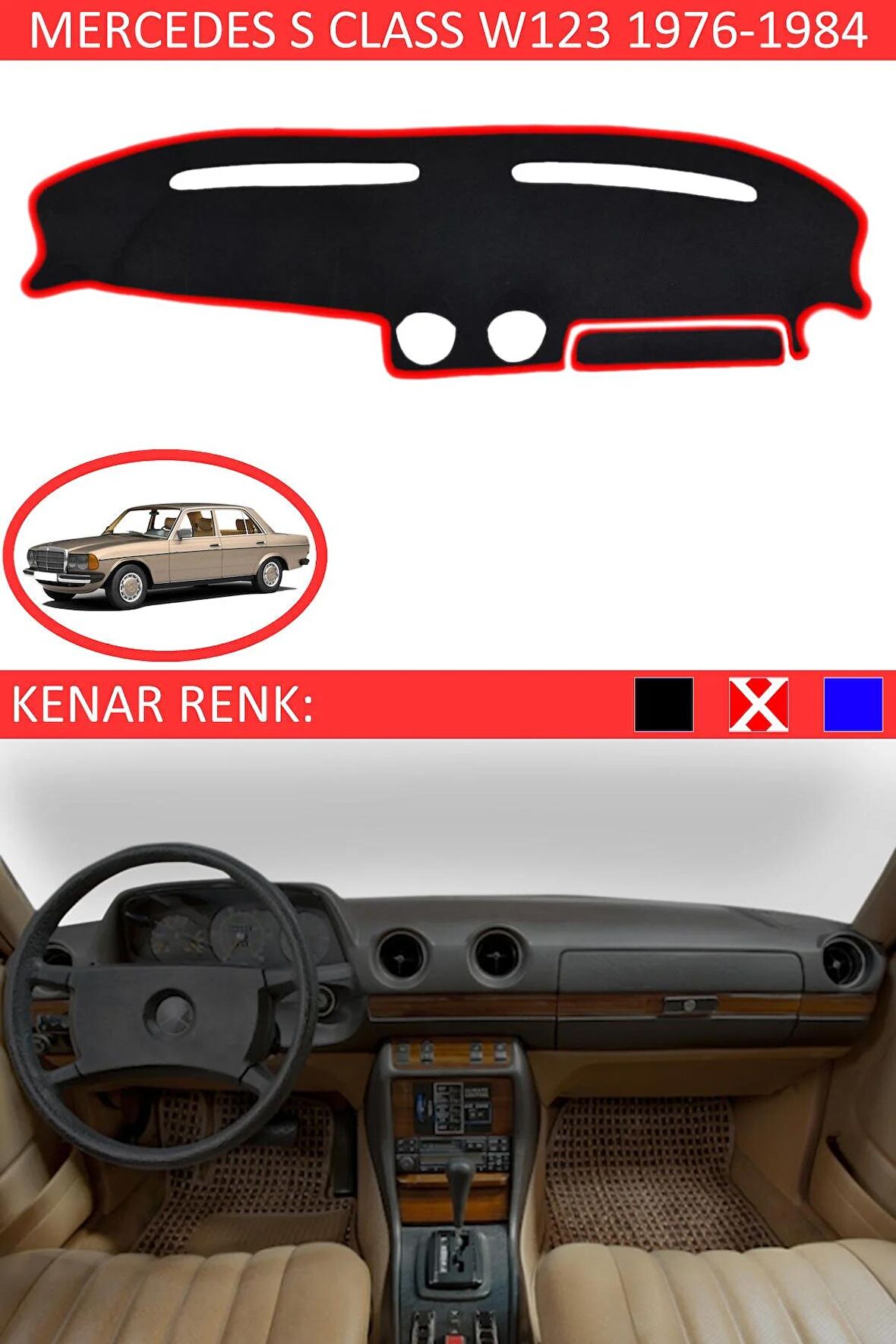 Mercedes S Class W 220 1998-2005 İçin Uygun Torpido Koruma Halısı Siyah Kenar Renk Kırmızı