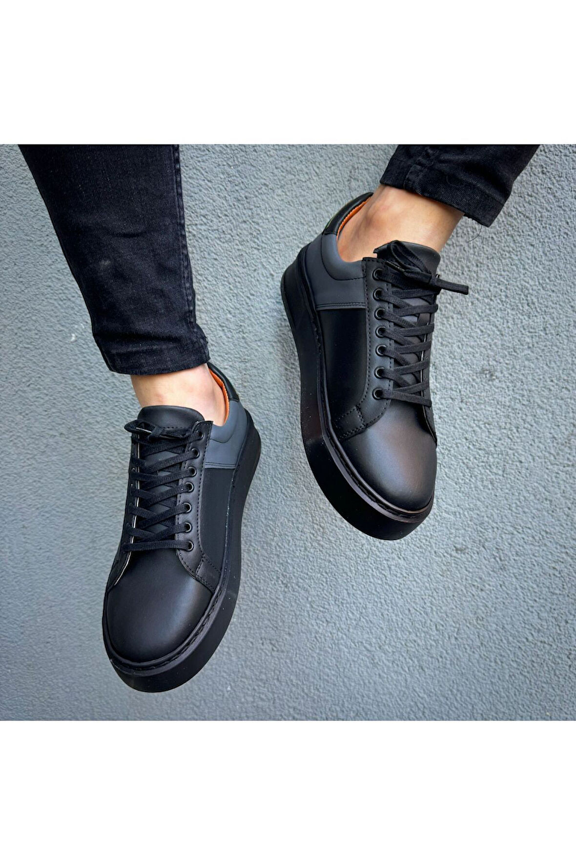 Siyah Cilt Ithal Suni Deri Yüksek Taban Günlük Bağcıklı Erkek Sneaker Ayakkabı Mrt00419