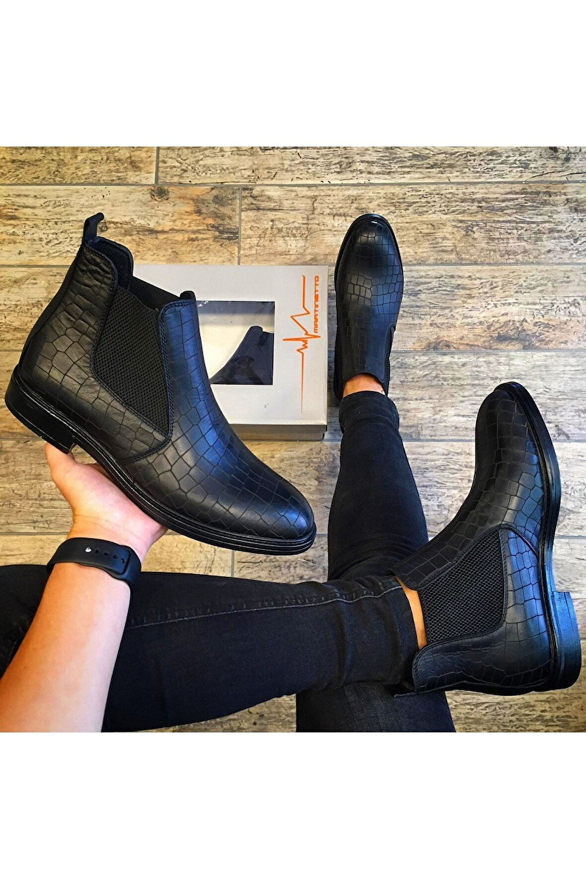 Hakiki Deri Günlük Siyah Kroko Erkek Bot