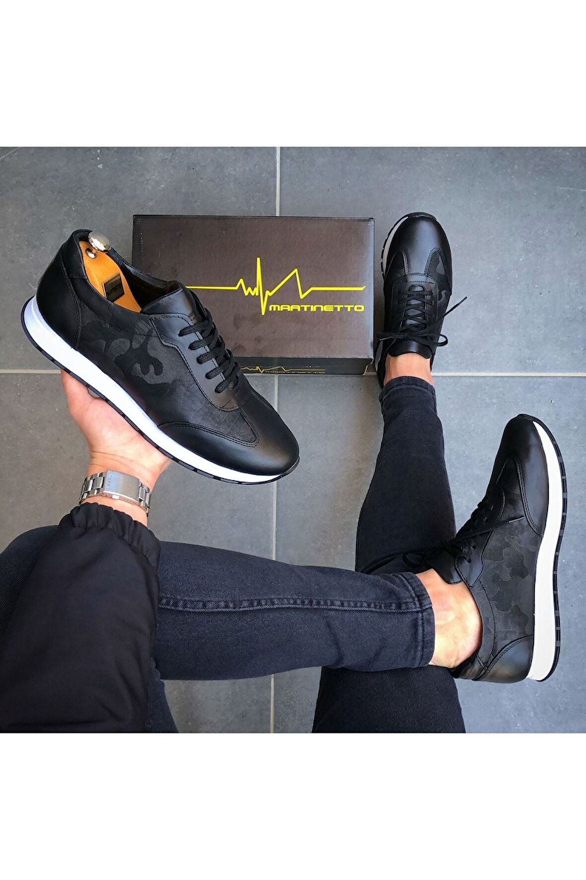 Hakiki Deri Siyah Kamuflaj Desen Siyah Günlük Erkek Ayakkabı