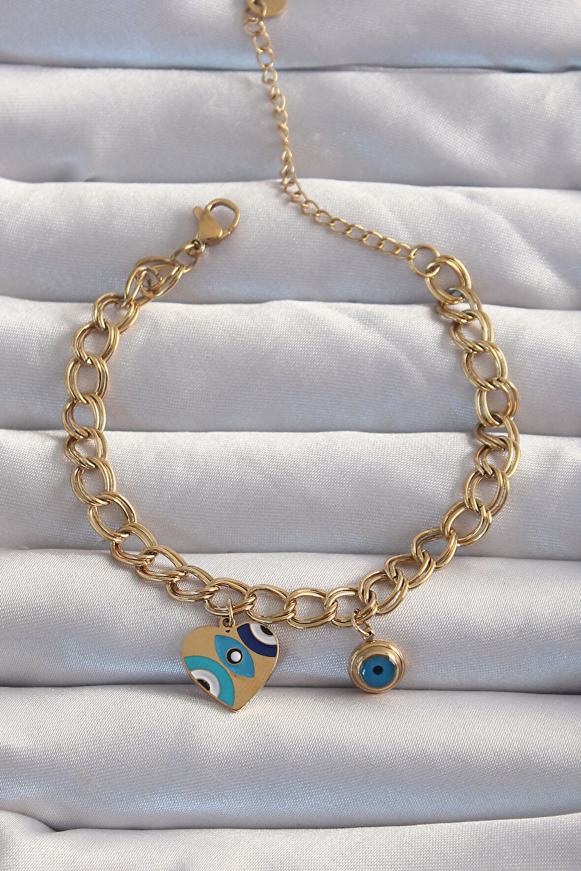 Marydien 316L Çelik Gold Renk Nazarlı Kalp Model Zincir Bileklik