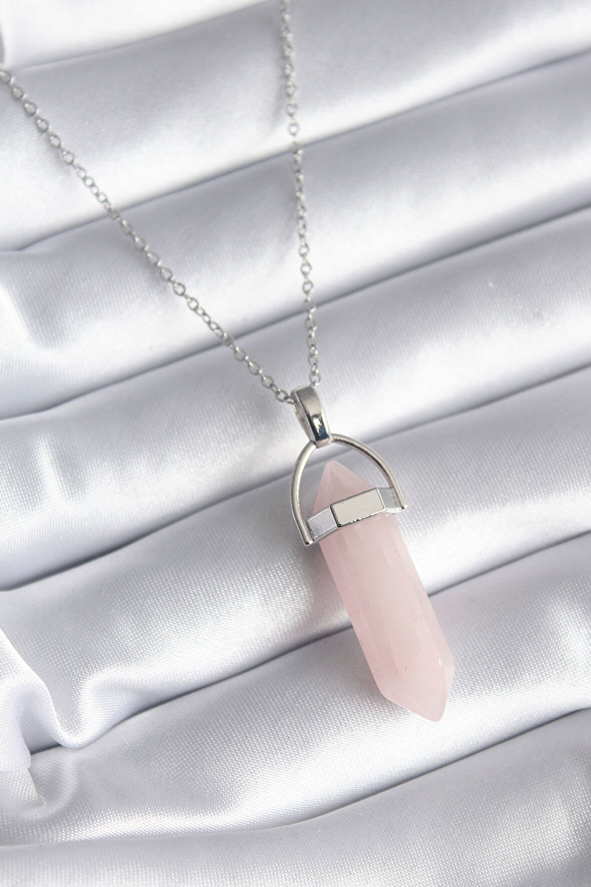 Marydien 316L Çelik Gümüş Renk Pembe Taşlı Kadın Kolye
