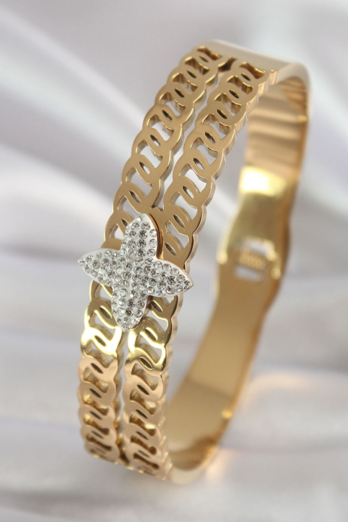 Marydien 316L Çelik Gold Renk Zirkon Taşlı Çiçek Model Kadın Kelepçe