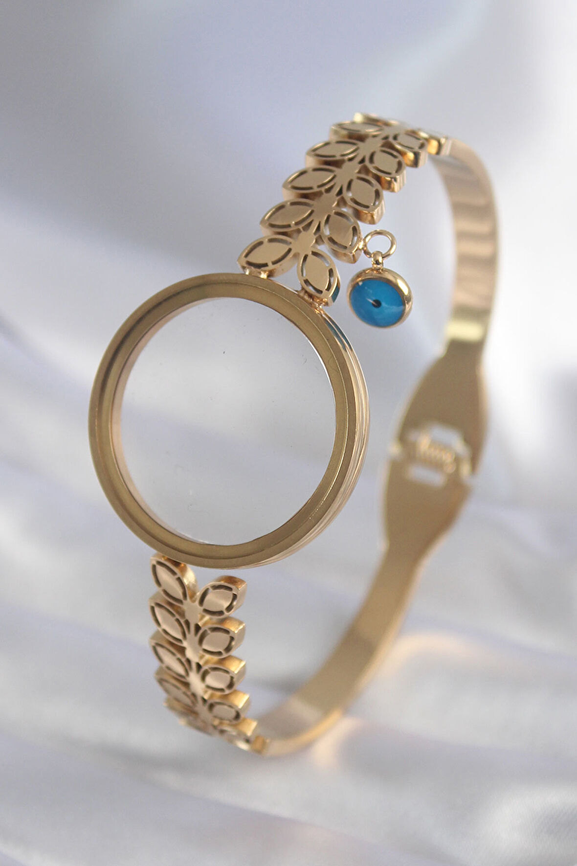 Marydien 316L Çelik Gold Renk Yaprak İşleme Açılabilir Fanus Model Nazar Boncuk Detay Kadın Kelepçe
