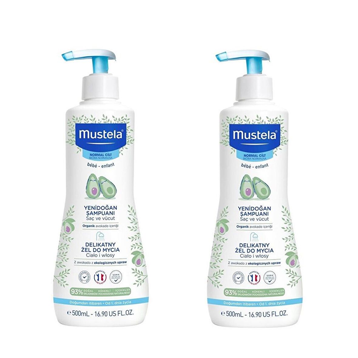 Mustela Göz Yakmayan Avokado Özlü Yenidoğan Uyumlu Saç ve Vücut Şampuanı 2x500 ml