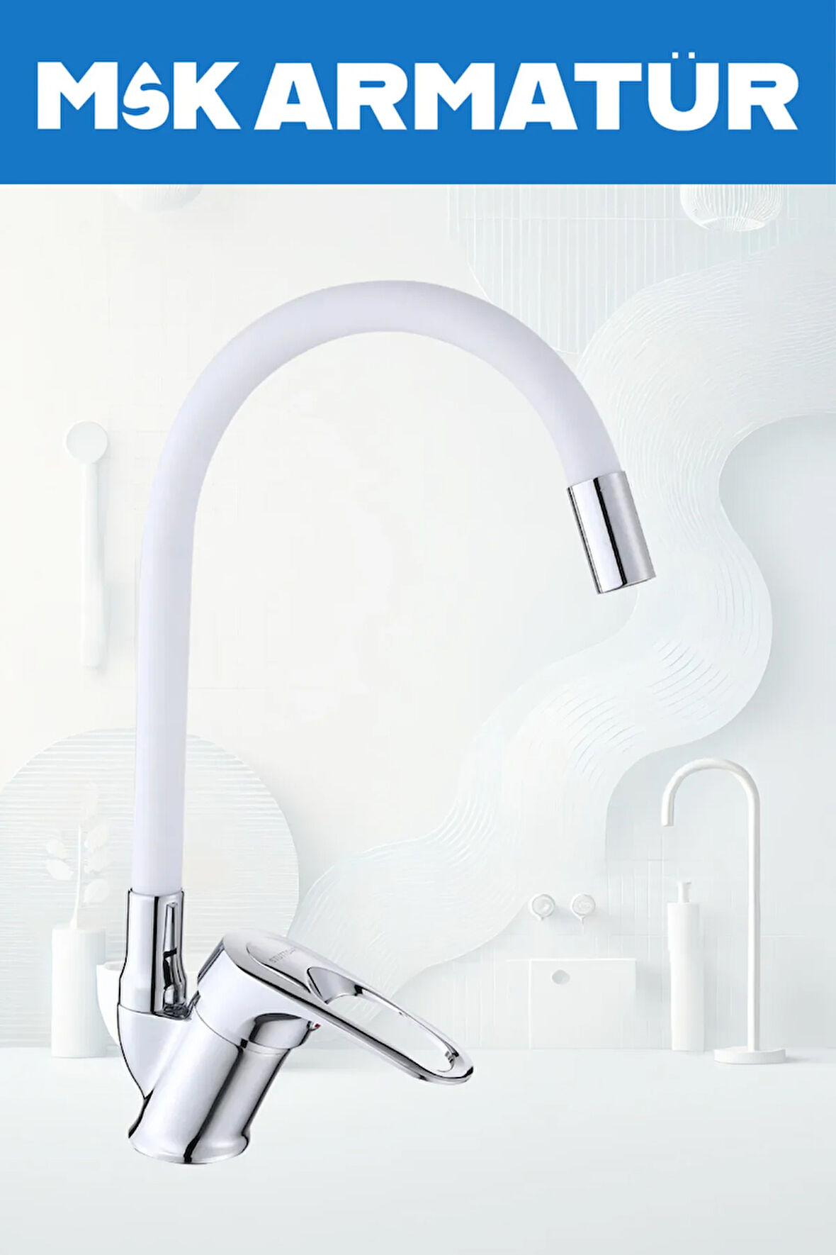 KROM BEYAZ OYNAR BORULU EVİYE LAVABO BATARYASI ÇEŞMESİ