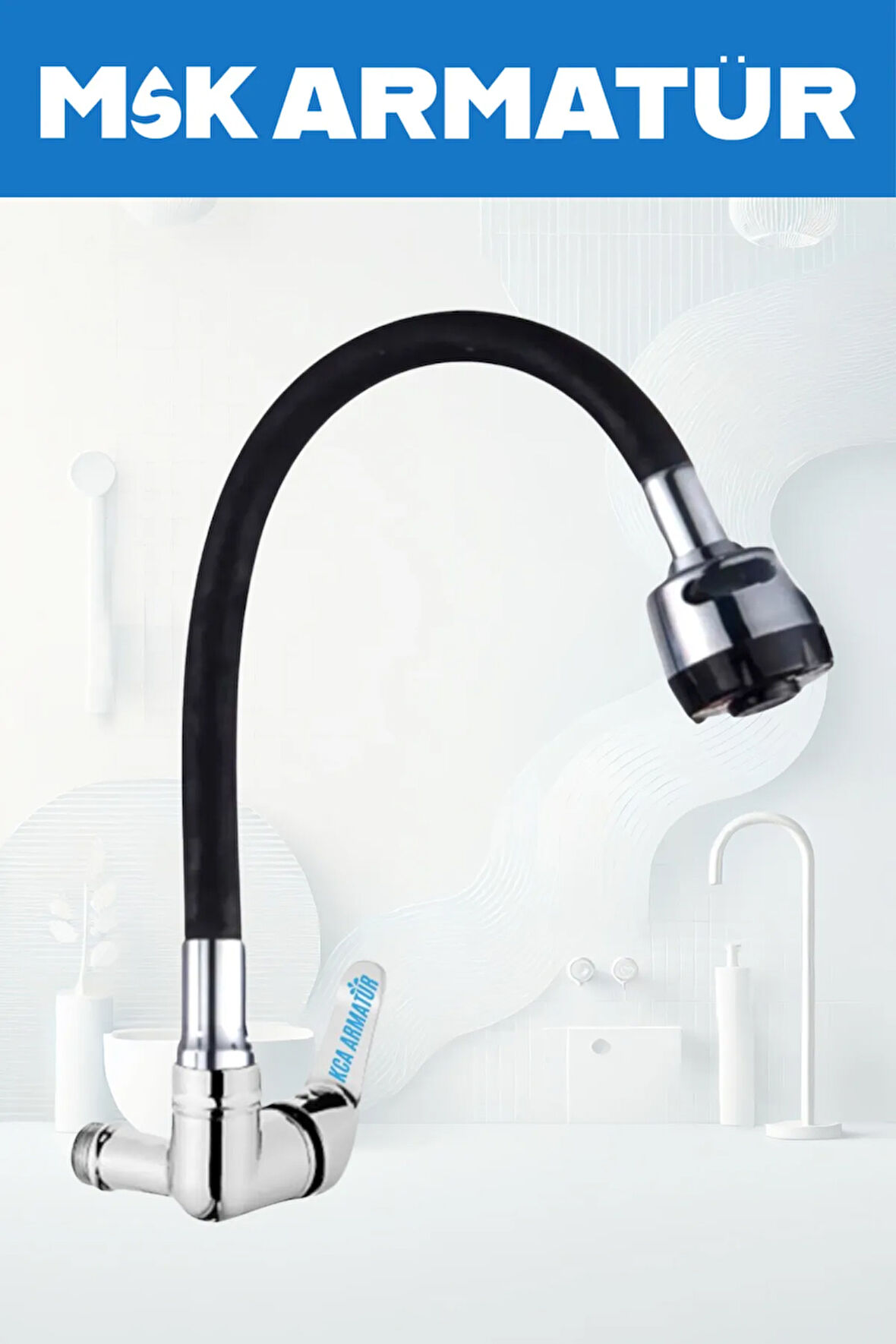 TEK SU ÇIKIŞLI EVİYE LAVABO BATARYASI SİYAH BAŞLIKLI OYNAR BORULU