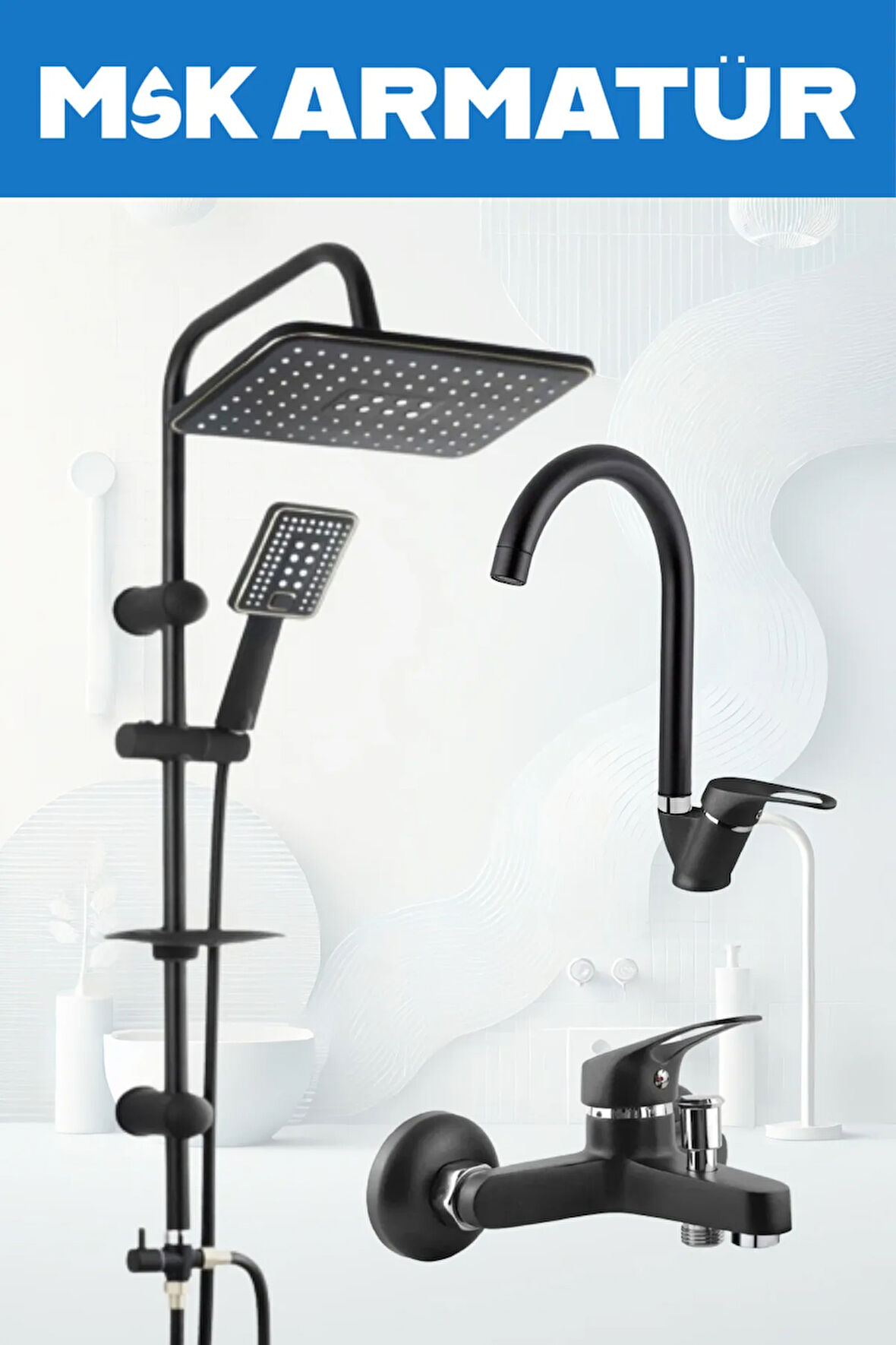 SİYAH KROM BASTON EVİYE LAVABO BANYO BATARYASI LÜX 3 LÜ SET