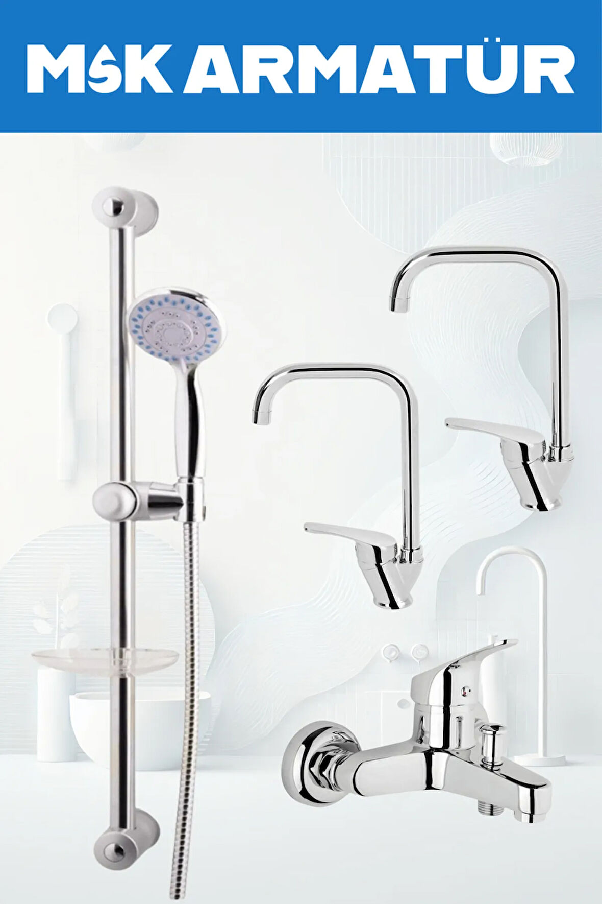 Krom Sürgülü Köşe Eviye Lavabo Banyo Bataryası 4 Lü Set