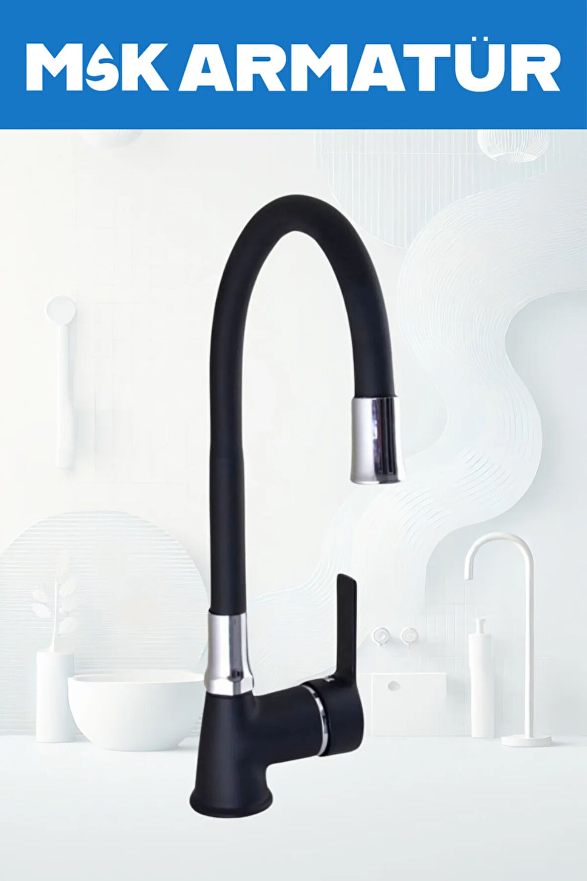 SİYAH KROM ARMUT OYNAR BORULU EVİYE LAVABO BATARYASI ÇEŞMESİ