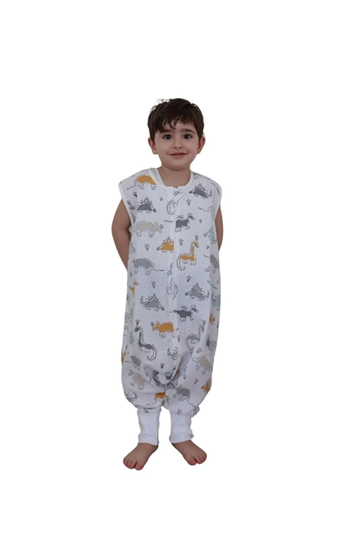 Naturtouch %100 Pamuklu Müslin Dinazor Desenli Kısa Kollu Fermuarlı Uyku Tulumu