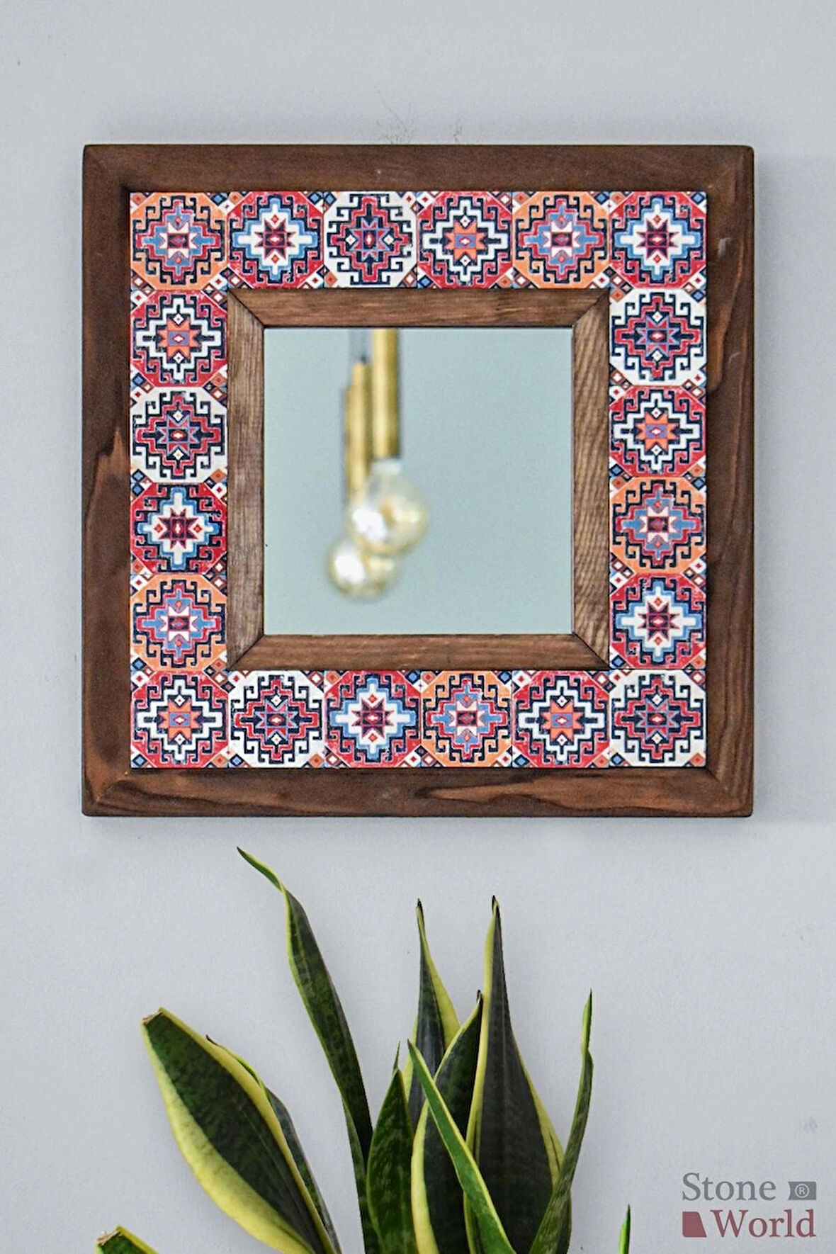 Etnik Temalı - Desenli Mermer Dekoratif Ayna - 34x34cm - 001.1
