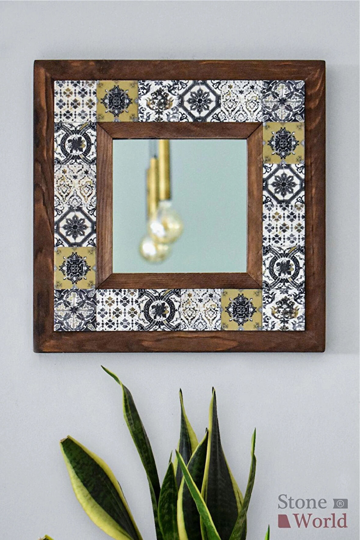 Patchwork Temalı - Desenli Mermer Dekoratif Ayna - 34x34cm - 002.1