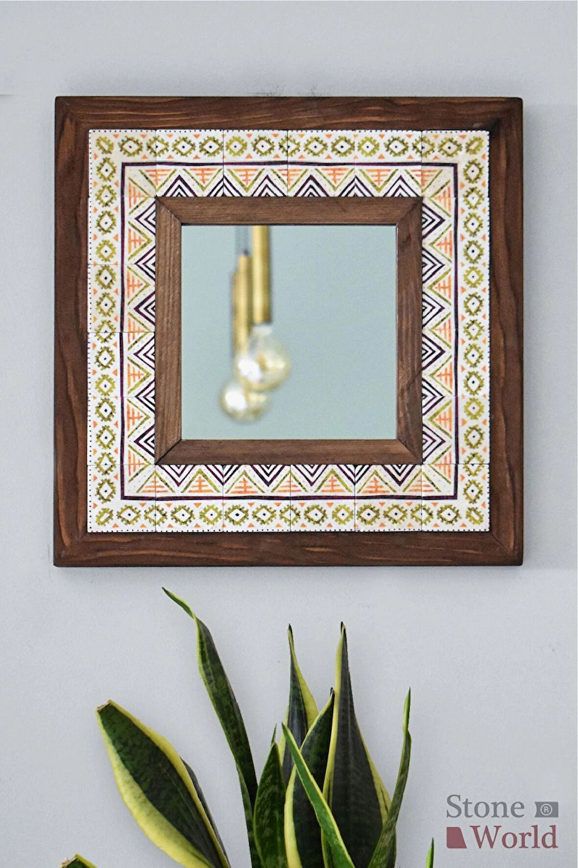 Etnik Temalı - Desenli Mermer Dekoratif Ayna - 34x34cm - 008.1