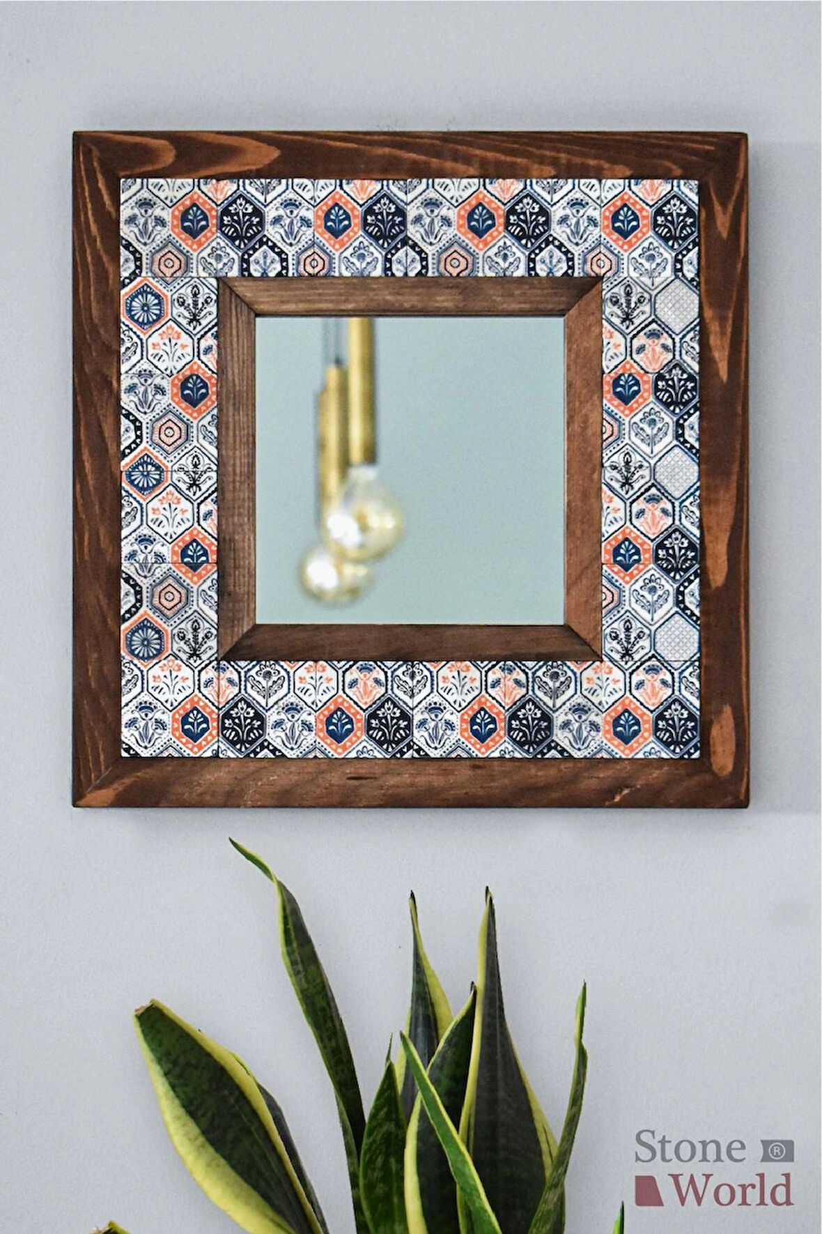 Etnik Temalı - Desenli Mermer Dekoratif Ayna - 34x34cm - 009.1