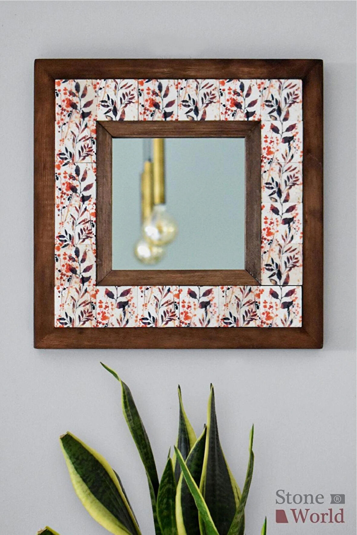 Çiçek Temalı - Desenli Mermer Dekoratif Ayna - 34x34cm - 010.1