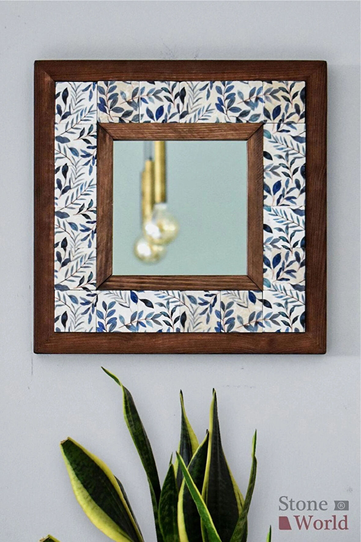 Çiçek Temalı - Desenli Mermer Dekoratif Ayna - 34x34cm - 012.1