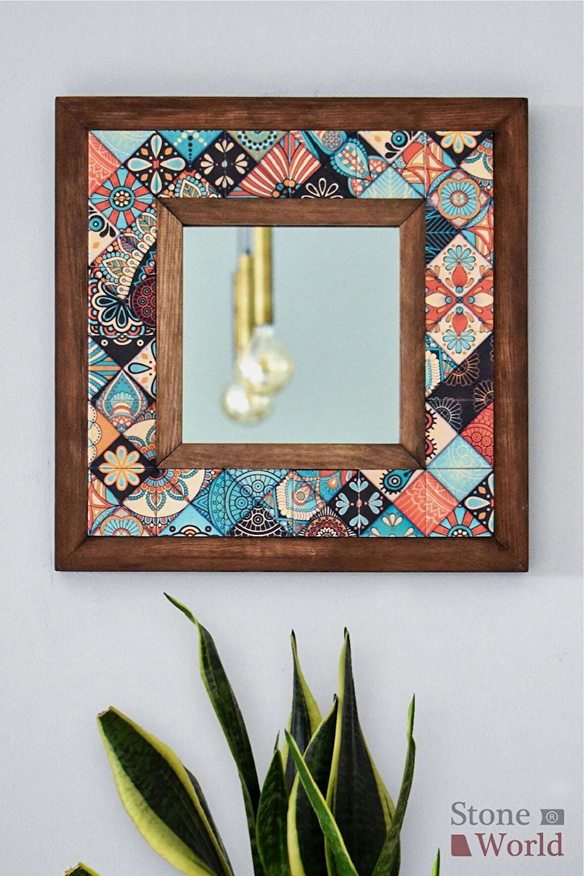 Mandala Temalı - Desenli Mermer Dekoratif Ayna - 34x34cm - 015.1
