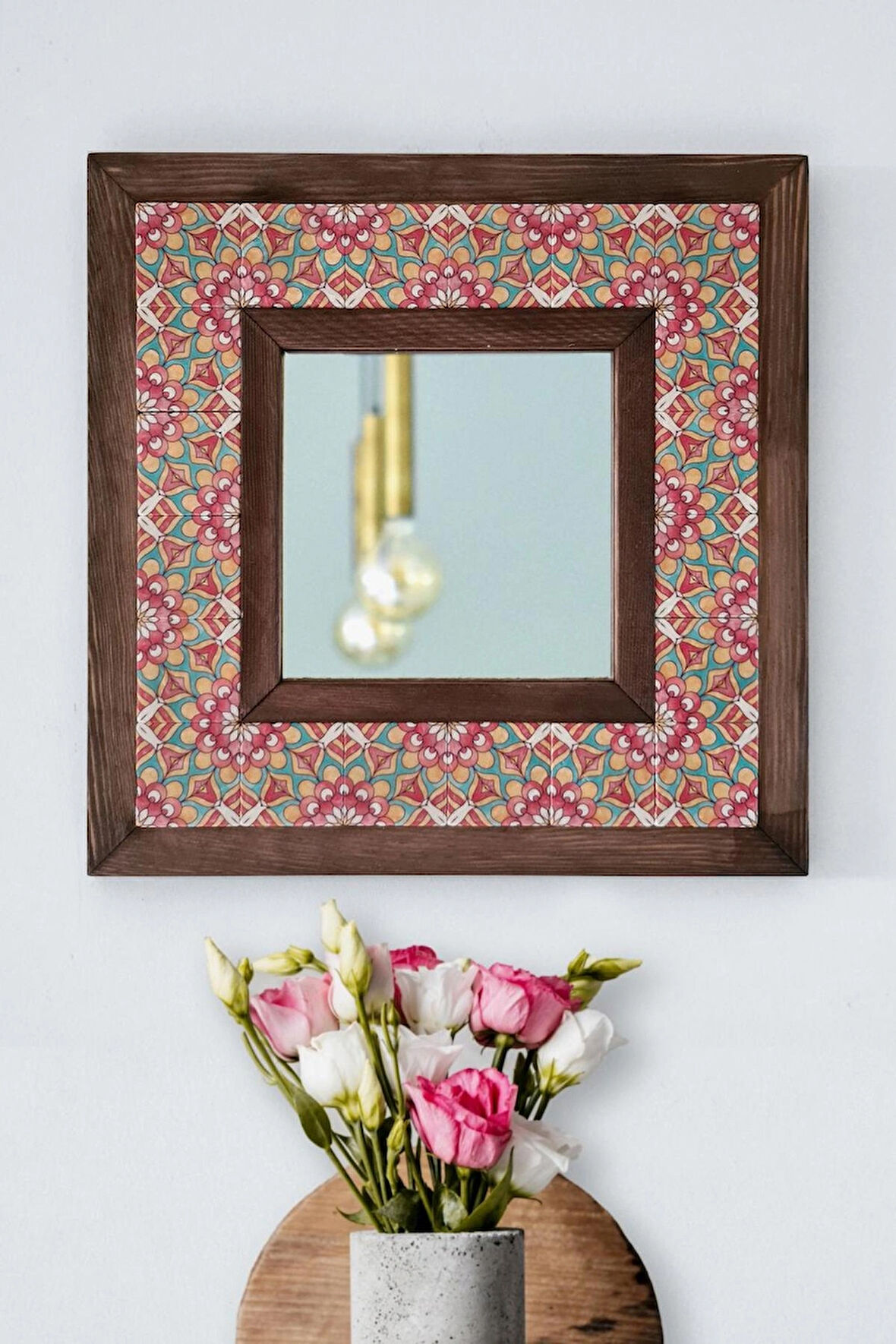 Çiçek Temalı - Desenli Mermer Dekoratif Ayna - 34x34cm - 017.1