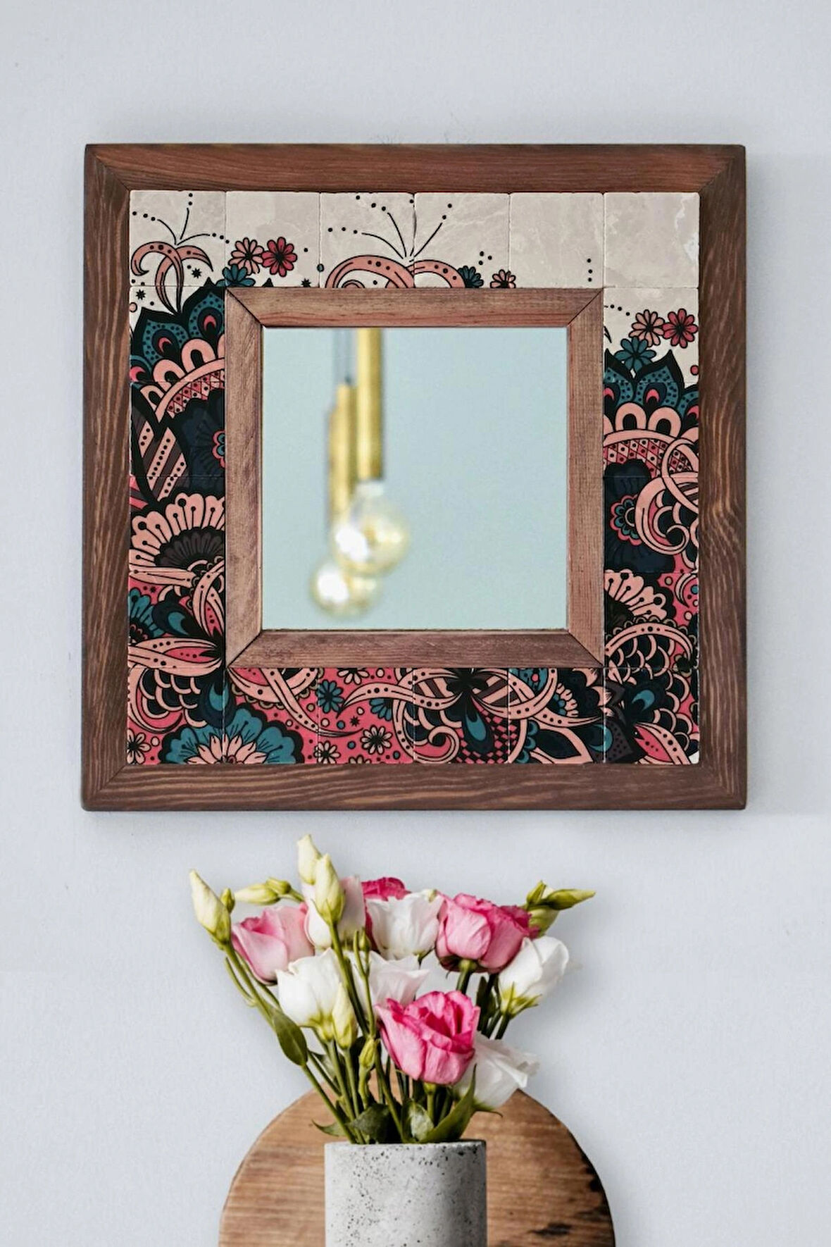 Mandala Temalı - Desenli Mermer Dekoratif Ayna - 34x34cm - 025.1