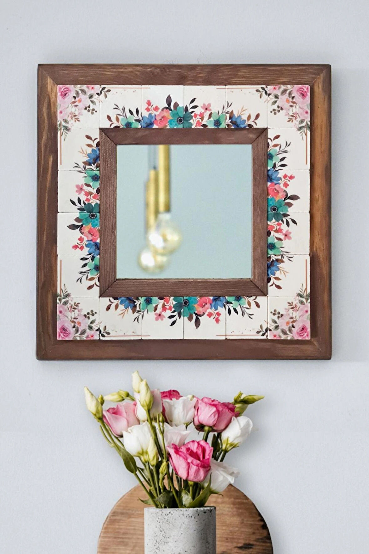 Çiçek Temalı - Desenli Mermer Dekoratif Ayna - 34x34cm - 066.1