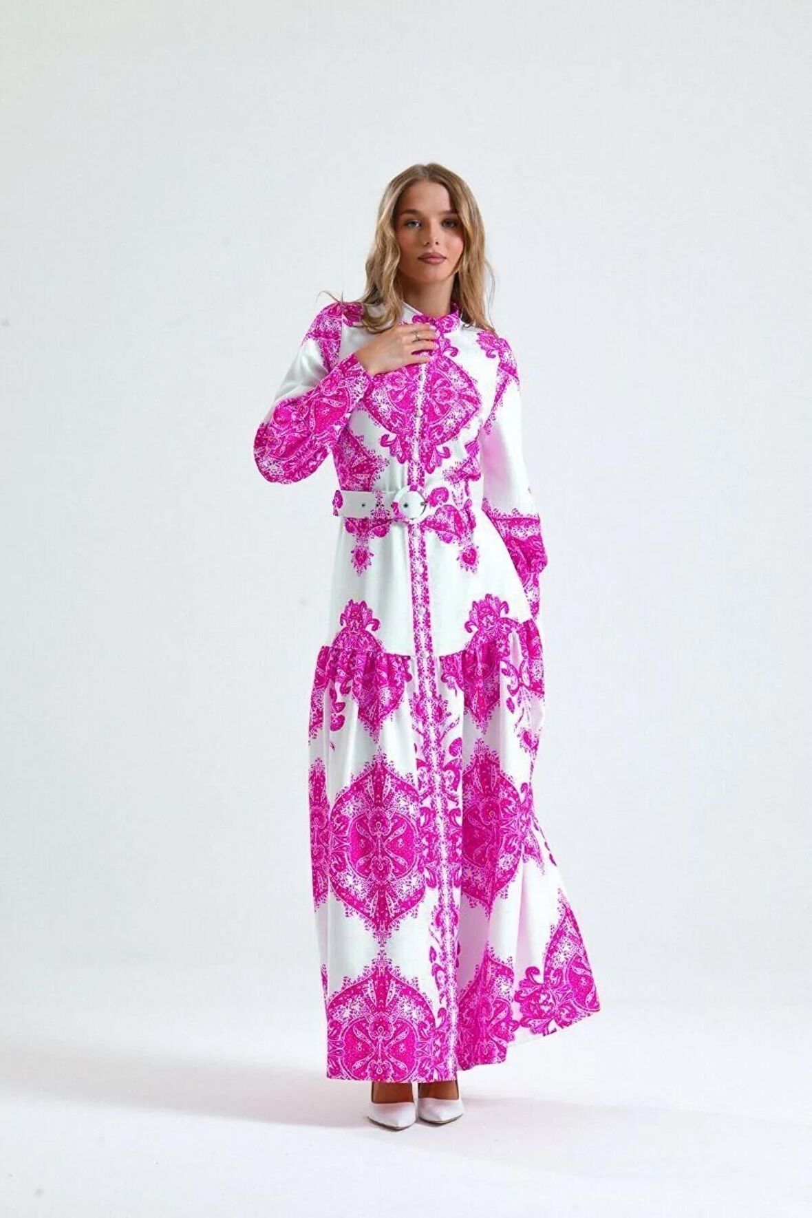 Atlas Kumaş Elbise (Kemer Dahildir) - Pembe