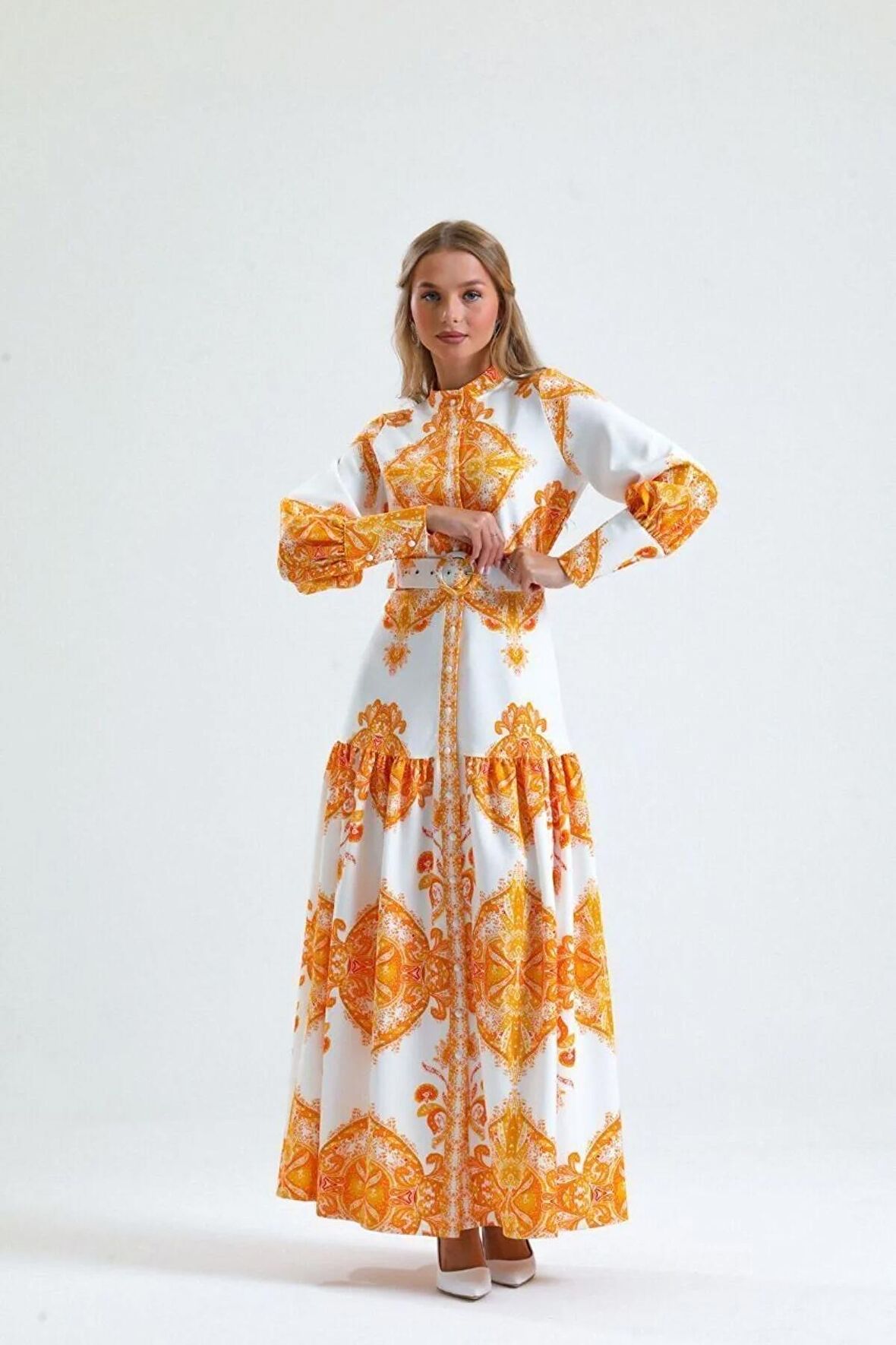 Atlas Kumaş Elbise (Kemer Dahildir) - Turuncu