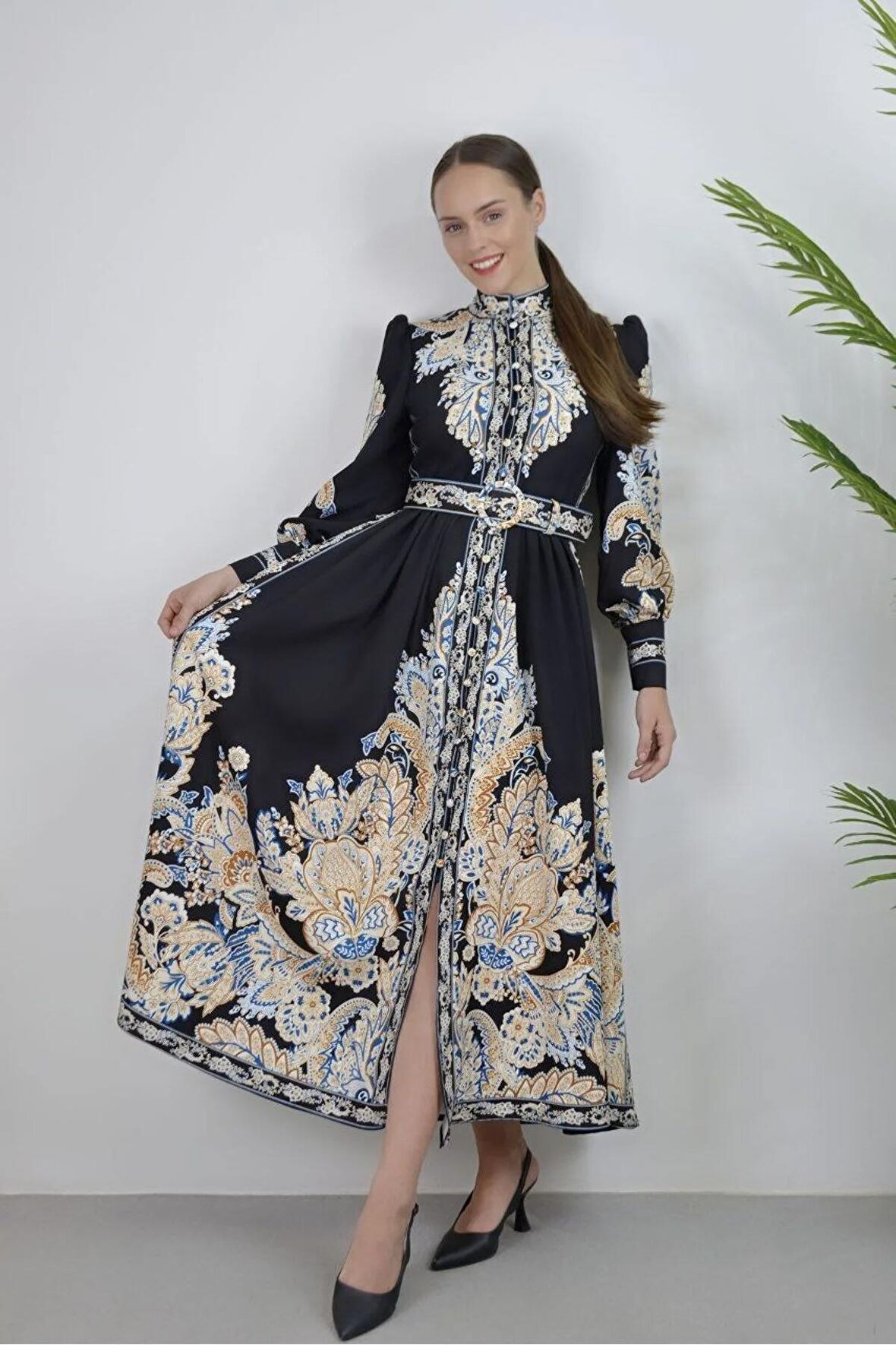 Atlas Kumaş Düğmel Detaylı (KEMER DAHİLDİR) - Siyah-23122