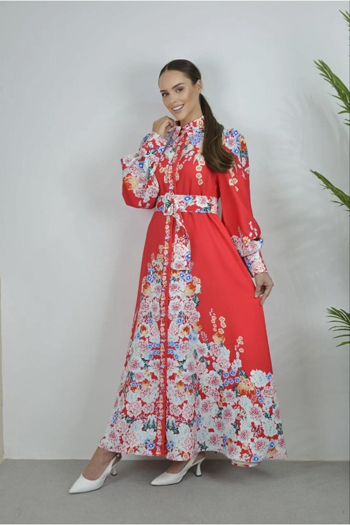 Atlas Kumaş Düğme Detaylı (Kemer Dahildir) - Kırmızı