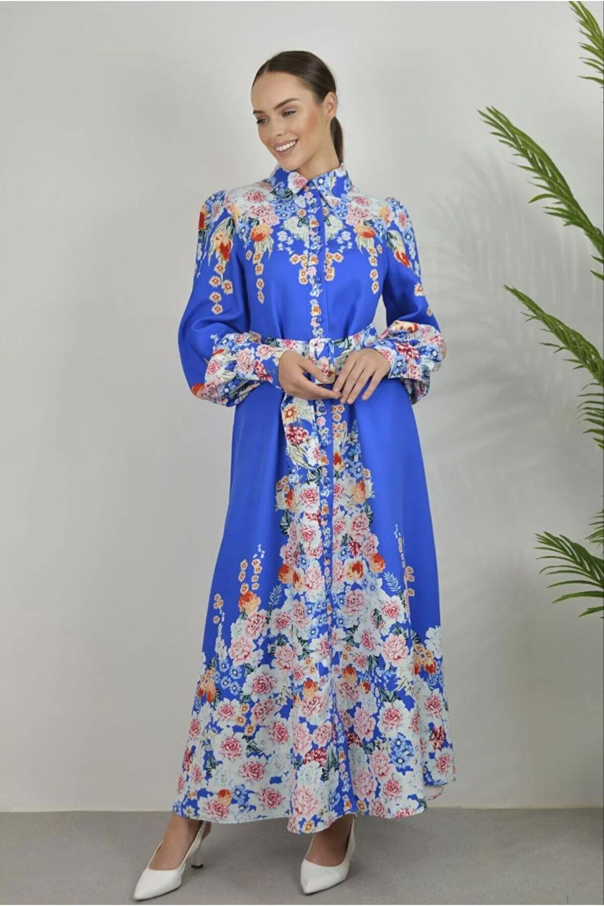 Atlas Kumaş Düğme Detaylı (Kemer Dahildir) - Mavi