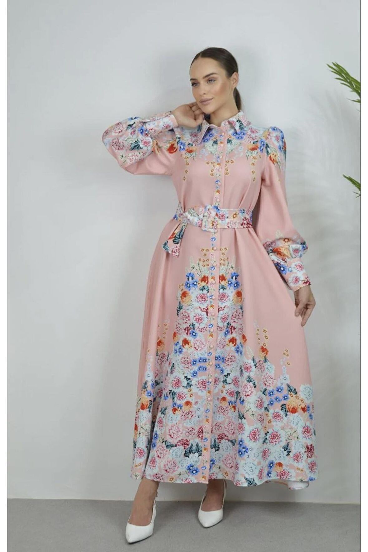 Atlas Kumaş Düğme Detaylı (Kemer Dahildir) - Pembe