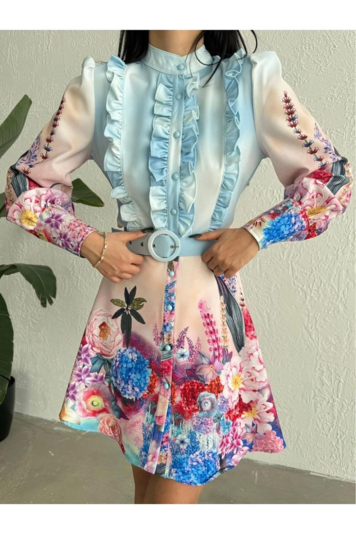 Atlas Kumaş Kısa Elbise (KEMER DAHİLDİR) Mavi-2415