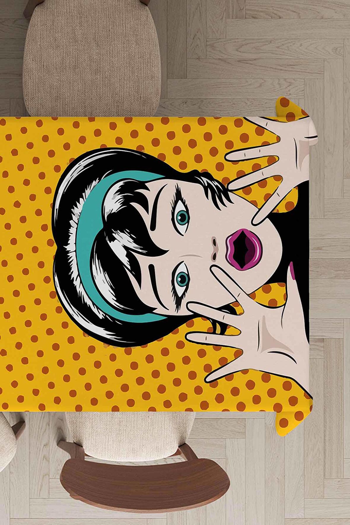 Sarı Pop Art Temalı Dokuma Leke Tutmaz Masa Örtüsü MSO069