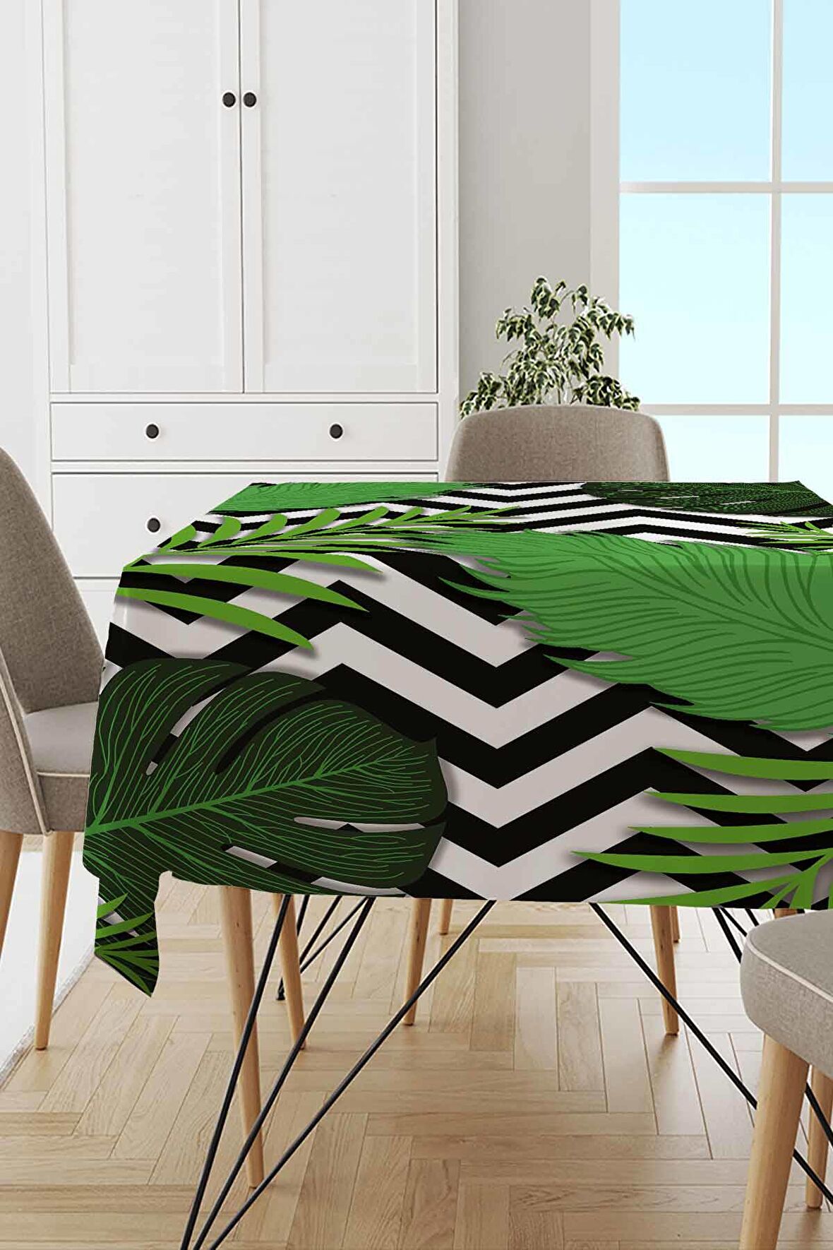 Yeşil Yapraklı Dokuma Leke Tutmaz Masa Örtüsü MSO113