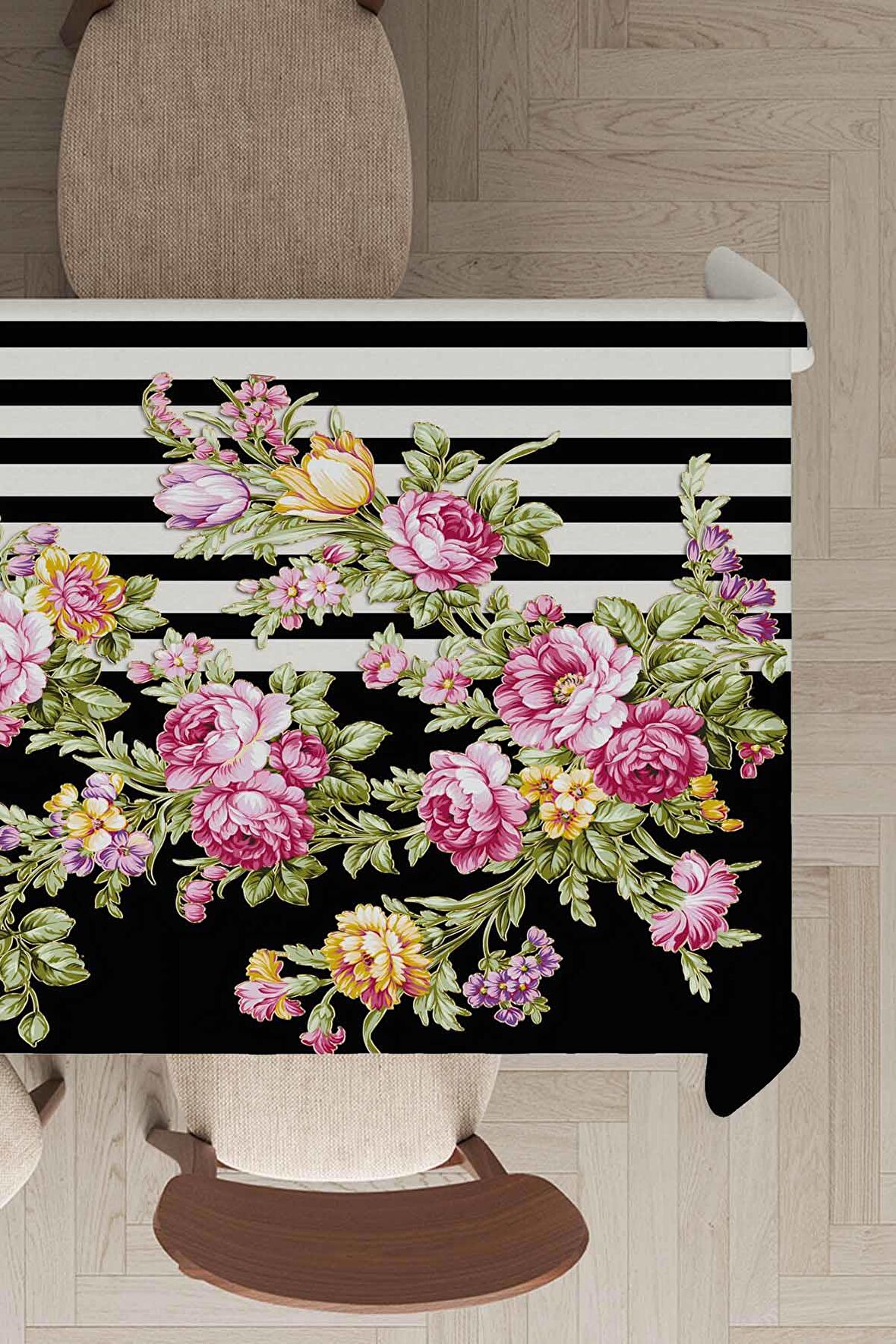 Pembe Çiçek Desenli Dokuma Leke Tutmaz Masa Örtüsü MSO159