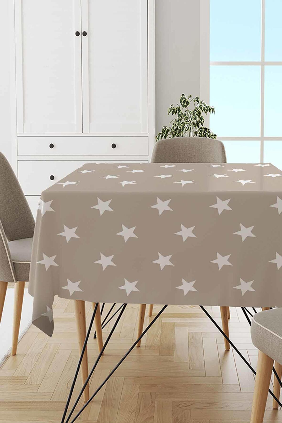 Bej Yıldızlı Dokuma Leke Tutmaz Masa Örtüsü MSO160