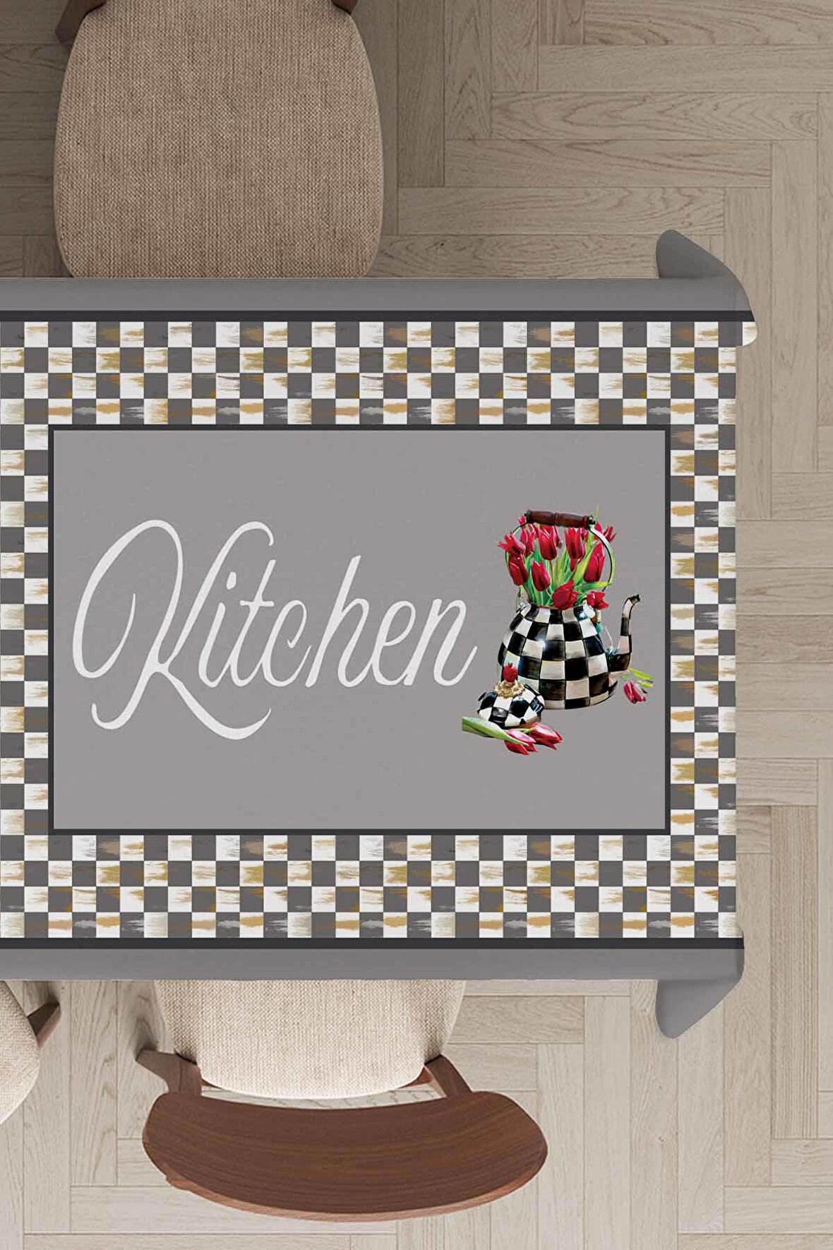 Gri Mutfak Desenli Dokuma Leke Tutmaz Masa Örtüsü MSO164