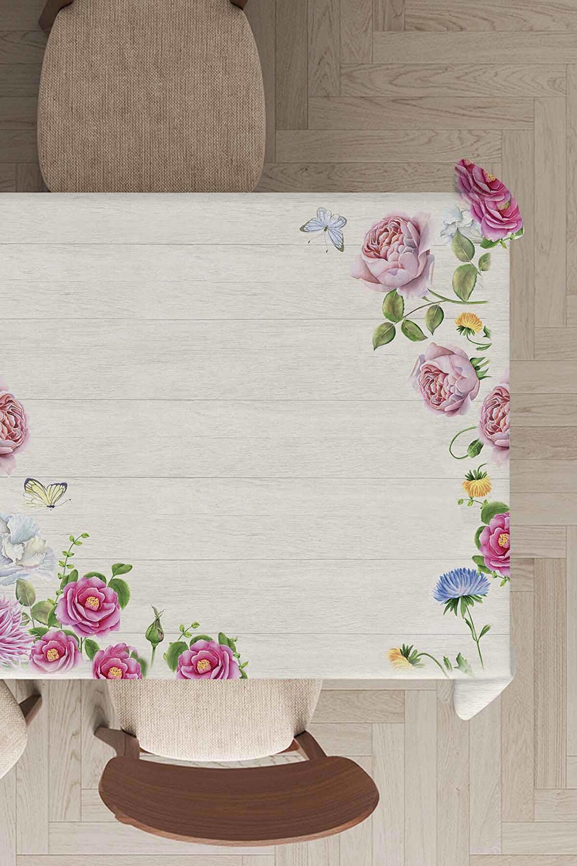 Ekru Çiçek Desenli Dokuma Leke Tutmaz Masa Örtüsü MSO315