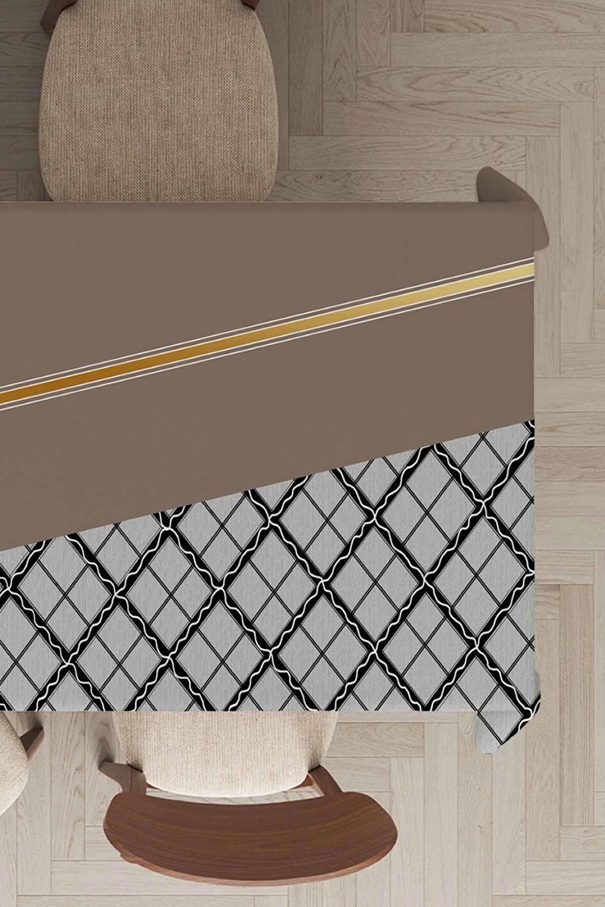 Bej Ekose Desenli Dokuma Leke Tutmaz Masa Örtüsü MSO497