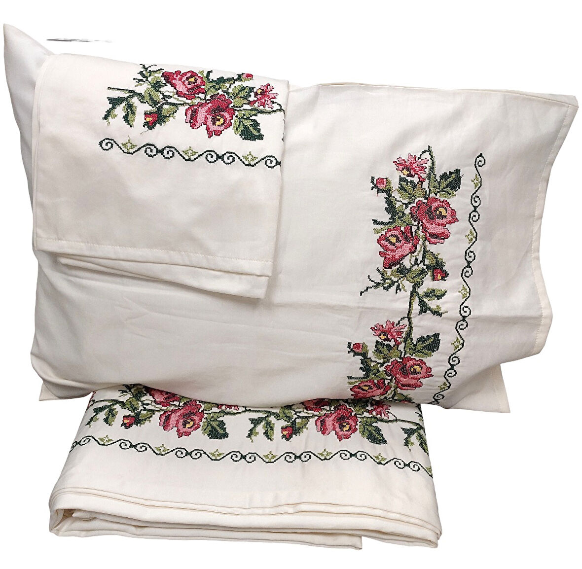 Buldan Kanaviçeli Çift Kişilik Pamuk Saten Çarşaf Seti-Krem