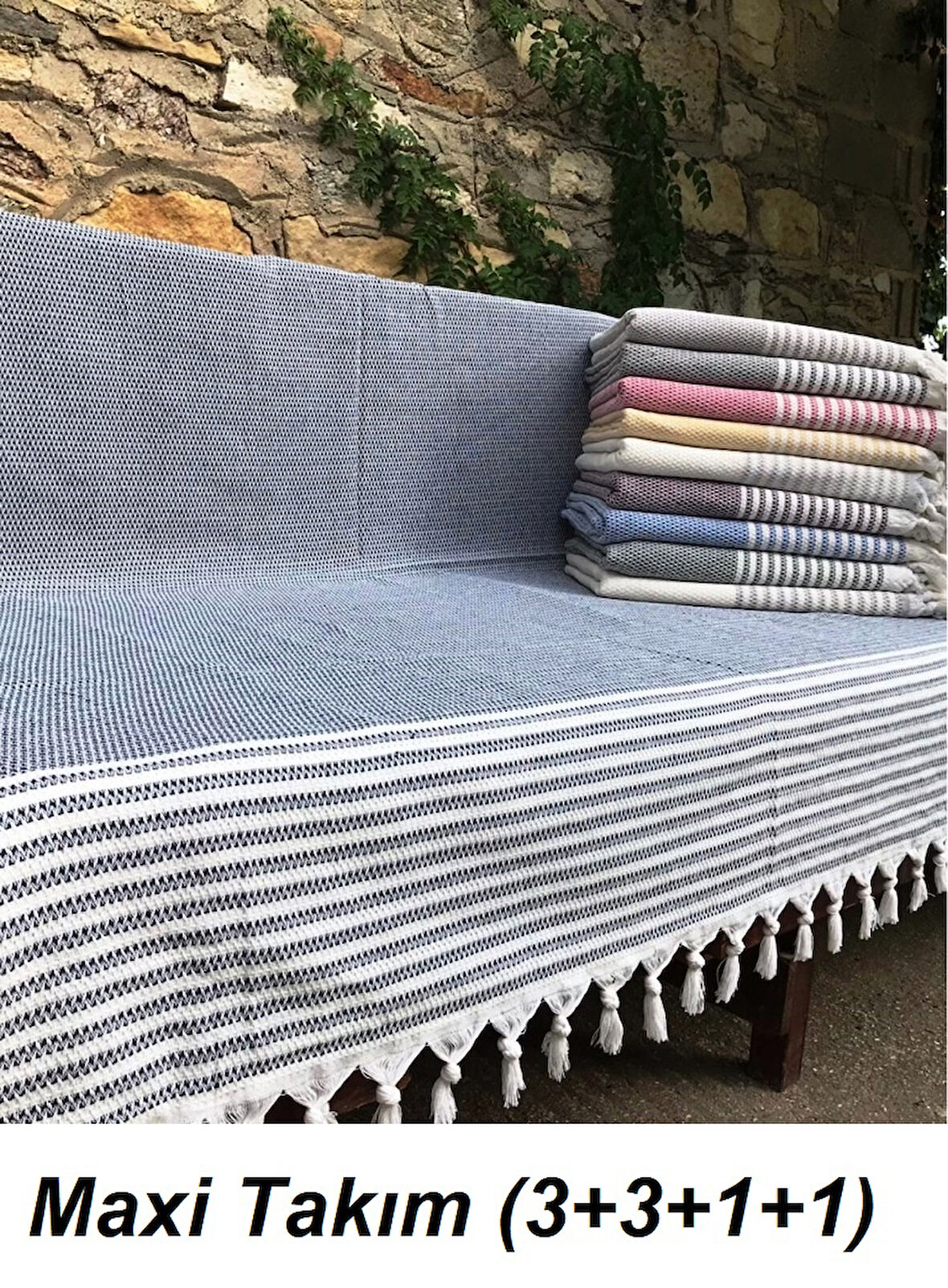 Mandaş Pamuklu Kaymaz Hasır Dokuma Kolları Örten Koltuk Örtüsü Maxi Takım-Koyu Gri Yeni