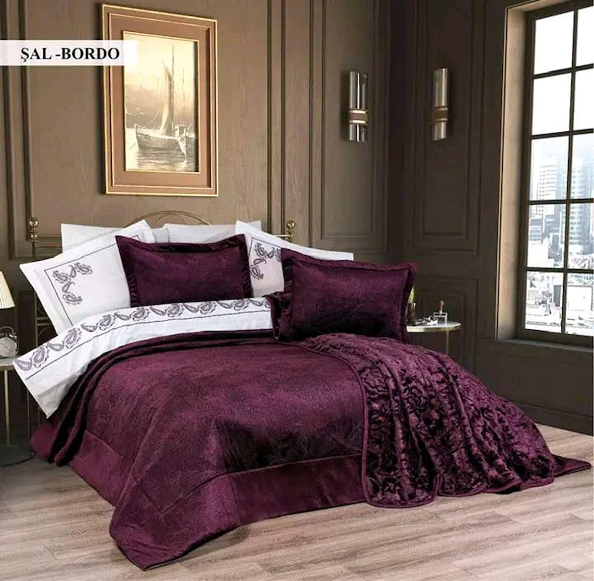 Ecosse 10 Parça Çeyiz Seti (Battaniye+Nevresim Takımı+Yatak Örtüsü)-Şal Bordo