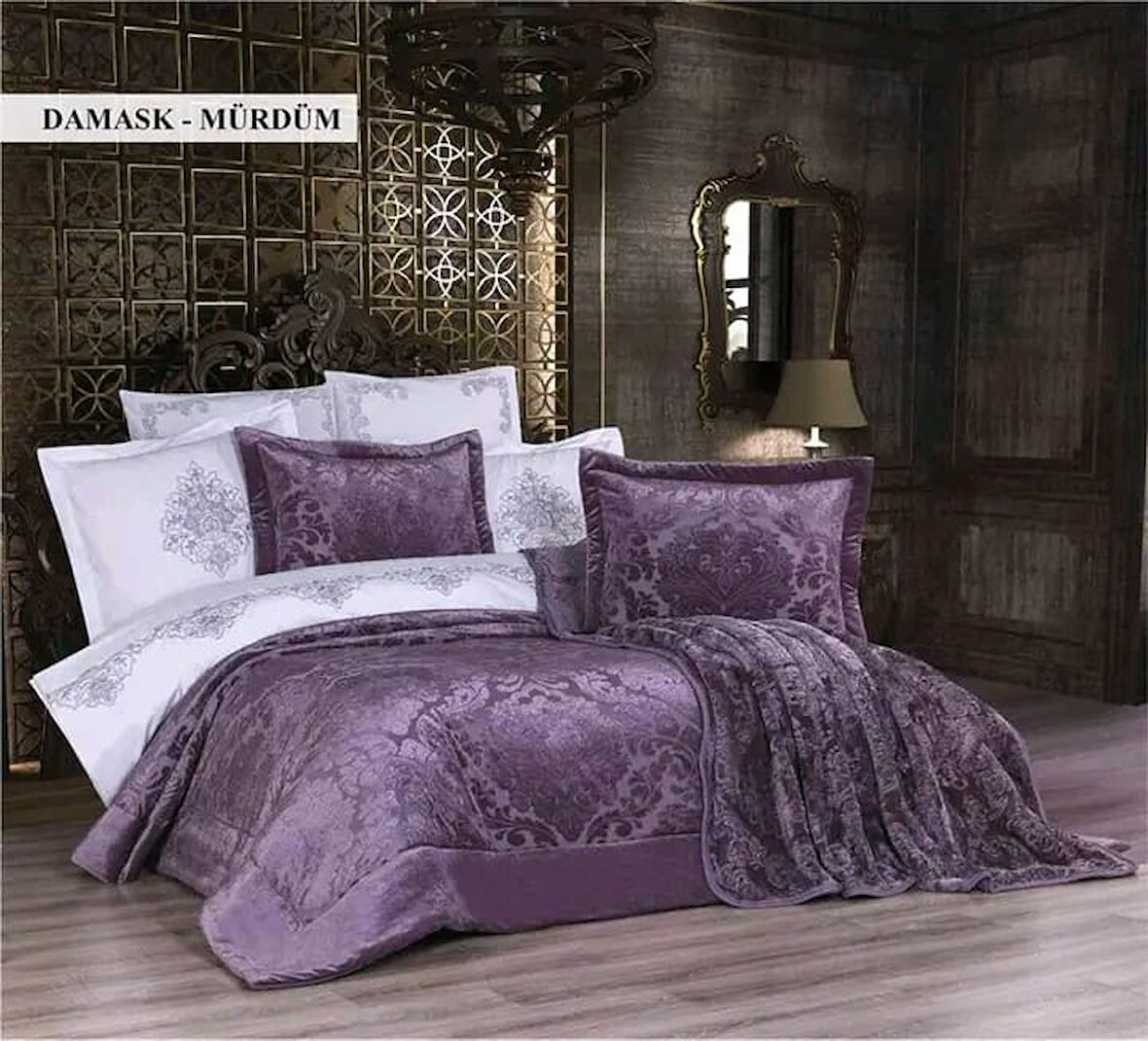 Ecosse 10 Parça Çeyiz Seti (Battaniye+Nevresim Takımı+Yatak Örtüsü)-Damask Mürdüm