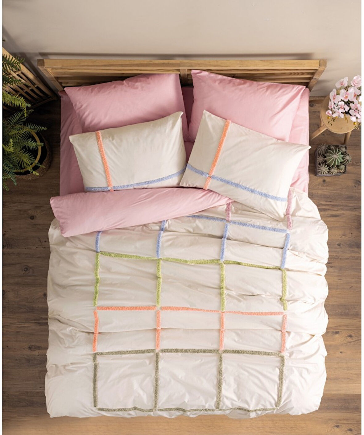 Cotton Box Puff Nakışlı Çift Kişilik Nevresim Takımı Insule Pudra GÜL KURUSU