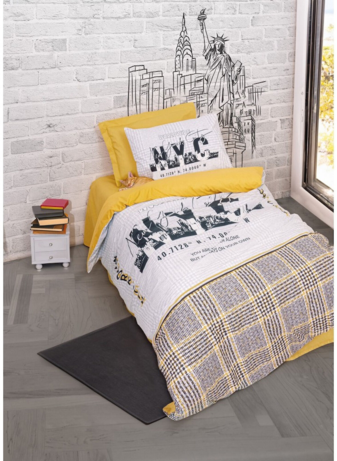 Cotton Box Genç Odası Ranforce lastikli  Çarşaflı Tek Kişilik Nevresim Takımı Worldwıde Hardal