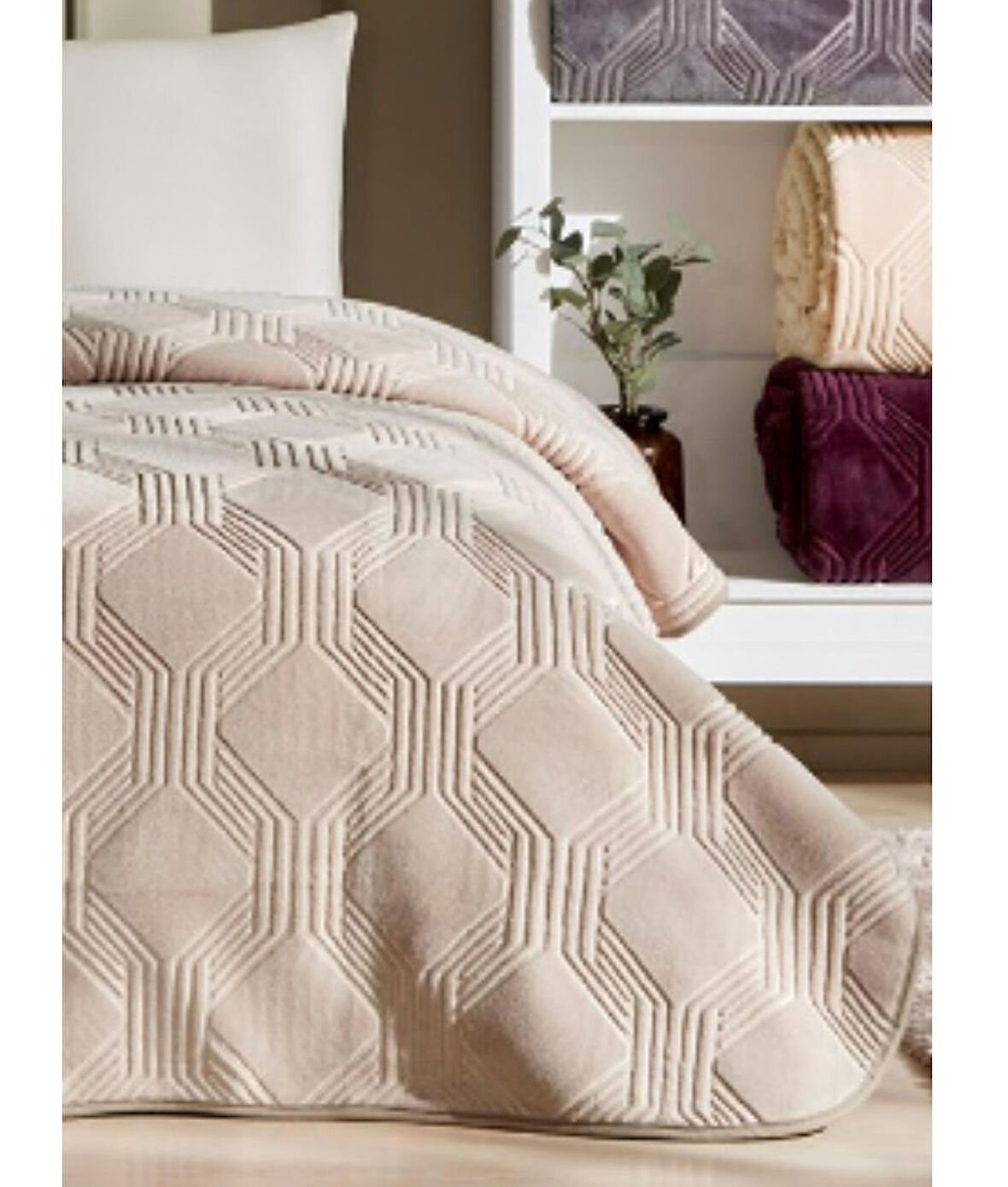 Özdilek Trendy Embos Çift Kişilik Battaniye (220x240)-Art Deco Bej