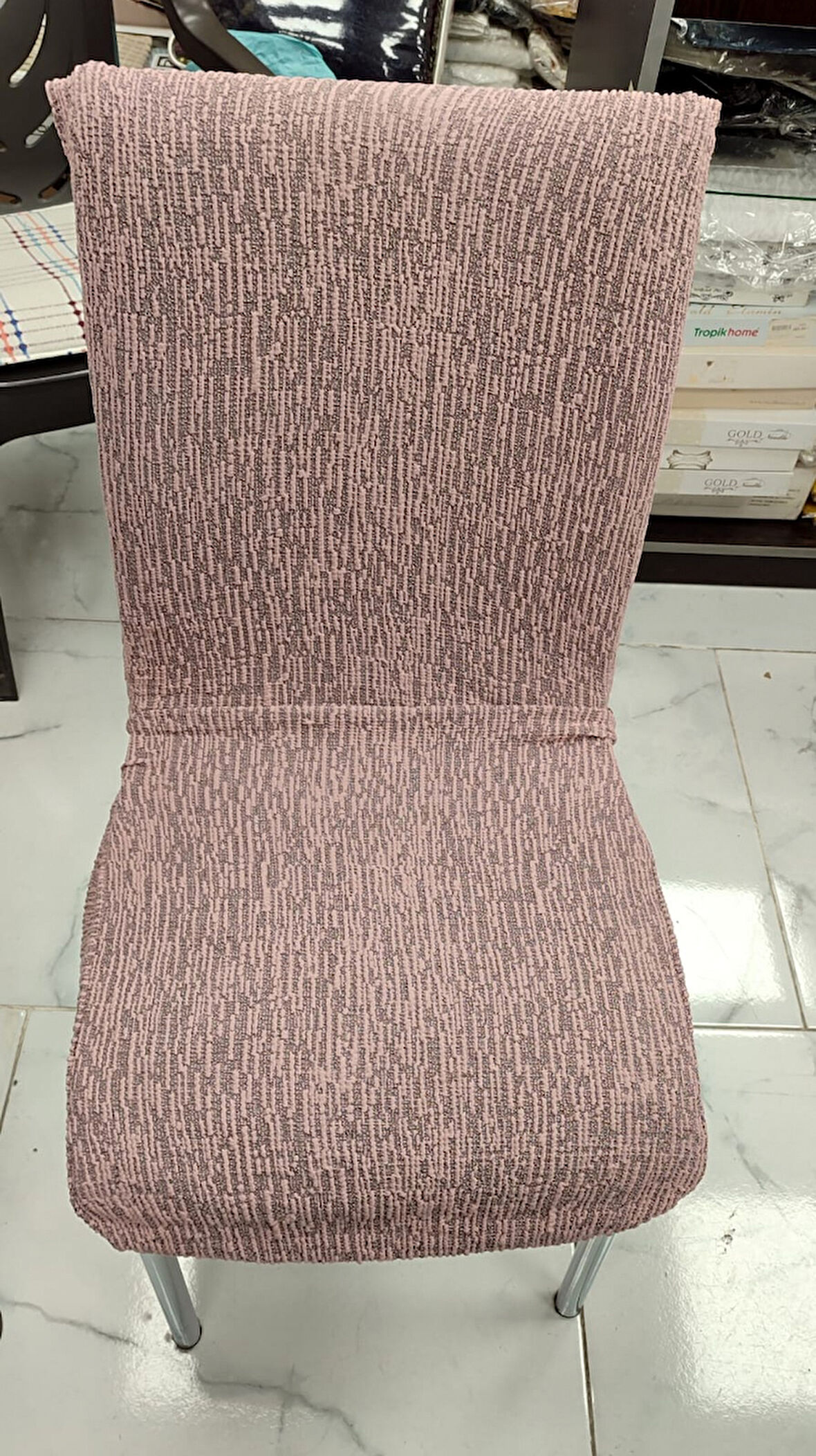 MANDAŞ 6LI SET Jakarlı Lastikli Eteksiz Sandalye Kılıfı-Ağaç Kabuğu Desen Pudra